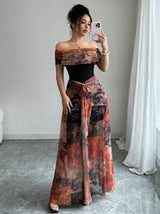 Rafferiza Women's Elegant Bodycon Twisted Vintage Painting Print Mesh Off Shoulder Dress