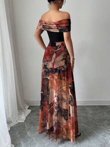Rafferiza Women's Elegant Bodycon Twisted Vintage Painting Print Mesh Off Shoulder Dress