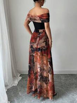 Rafferiza Women's Elegant Bodycon Twisted Vintage Painting Print Mesh Off Shoulder Dress