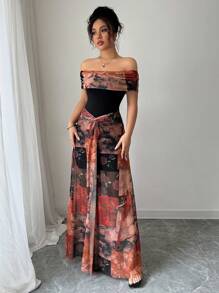 Rafferiza Women's Elegant Bodycon Twisted Vintage Painting Print Mesh Off Shoulder Dress