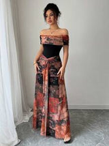 Rafferiza Women's Elegant Bodycon Twisted Vintage Painting Print Mesh Off Shoulder Dress