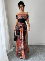 Rafferiza Women's Elegant Bodycon Twisted Vintage Painting Print Mesh Off Shoulder Dress