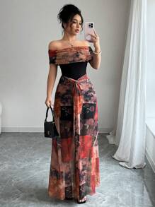 Rafferiza Women's Elegant Bodycon Twisted Vintage Painting Print Mesh Off Shoulder Dress