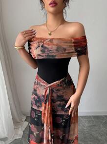 Rafferiza Women's Elegant Bodycon Twisted Vintage Painting Print Mesh Off Shoulder Dress