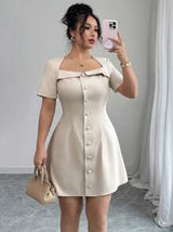 Elenzga Plus Size Women's Elegant French Style Short Sleeve Mini Dress, Trapeze Collar, Buttoned Front, Suitable For Commuting, Spring/Summer