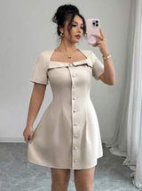 Elenzga Plus Size Women's Elegant French Style Short Sleeve Mini Dress, Trapeze Collar, Buttoned Front, Suitable For Commuting, Spring/Summer
