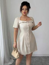 Elenzga Plus Size Women's Elegant French Style Short Sleeve Mini Dress, Trapeze Collar, Buttoned Front, Suitable For Commuting, Spring/Summer