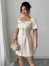 Elenzga Plus Size Women's Elegant French Style Short Sleeve Mini Dress, Trapeze Collar, Buttoned Front, Suitable For Commuting, Spring/Summer
