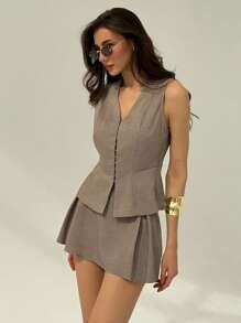 Sleeveless Button-Up Blouse & Pleated Mini Skirt, Solid Color Set for Women