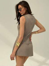 Sleeveless Button-Up Blouse & Pleated Mini Skirt, Solid Color Set for Women
