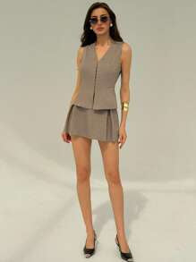 Sleeveless Button-Up Blouse & Pleated Mini Skirt, Solid Color Set for Women