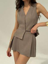 Sleeveless Button-Up Blouse & Pleated Mini Skirt, Solid Color Set for Women