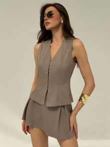 Sleeveless Button-Up Blouse & Pleated Mini Skirt, Solid Color Set for Women