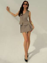 Sleeveless Button-Up Blouse & Pleated Mini Skirt, Solid Color Set for Women