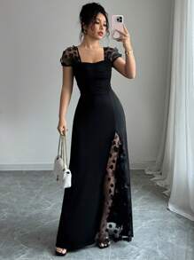 Elenzga Summer Vacation Party Jacquard Mesh Trim Fitted Dress