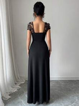Elenzga Summer Vacation Party Jacquard Mesh Trim Fitted Dress