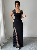Elenzga Summer Vacation Party Jacquard Mesh Trim Fitted Dress