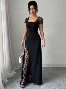 Elenzga Summer Vacation Party Jacquard Mesh Trim Fitted Dress