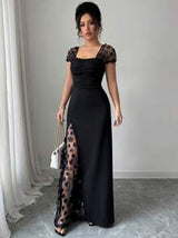Elenzga Summer Vacation Party Jacquard Mesh Trim Fitted Dress