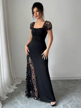 Elenzga Summer Vacation Party Jacquard Mesh Trim Fitted Dress