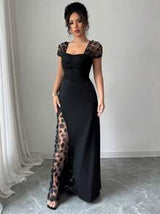 Elenzga Summer Vacation Party Jacquard Mesh Trim Fitted Dress