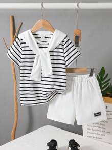 2 Pieces Set Young Boys Boy Casual Sports College Literary Retro Black And White Striped Round Neck T-Shirt And White Shorts Suit With Shawl Decoration Suitable For Young Boy Clothing Young Boy Clothes Back To School Boy Suit Suitable For Birthday P
