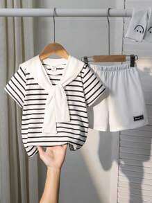2 Pieces Set Young Boys Boy Casual Sports College Literary Retro Black And White Striped Round Neck T-Shirt And White Shorts Suit With Shawl Decoration Suitable For Young Boy Clothing Young Boy Clothes Back To School Boy Suit Suitable For Birthday P
