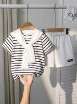 2 Pieces Set Young Boys Boy Casual Sports College Literary Retro Black And White Striped Round Neck T-Shirt And White Shorts Suit With Shawl Decoration Suitable For Young Boy Clothing Young Boy Clothes Back To School Boy Suit Suitable For Birthday P
