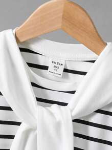 2 Pieces Set Young Boys Boy Casual Sports College Literary Retro Black And White Striped Round Neck T-Shirt And White Shorts Suit With Shawl Decoration Suitable For Young Boy Clothing Young Boy Clothes Back To School Boy Suit Suitable For Birthday P