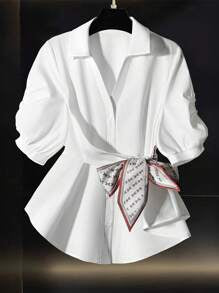 Women's Solid Color Pleated Polo Collar Short Sleeve Cinched Waist Chiffon Versatile White Blouse For Summer