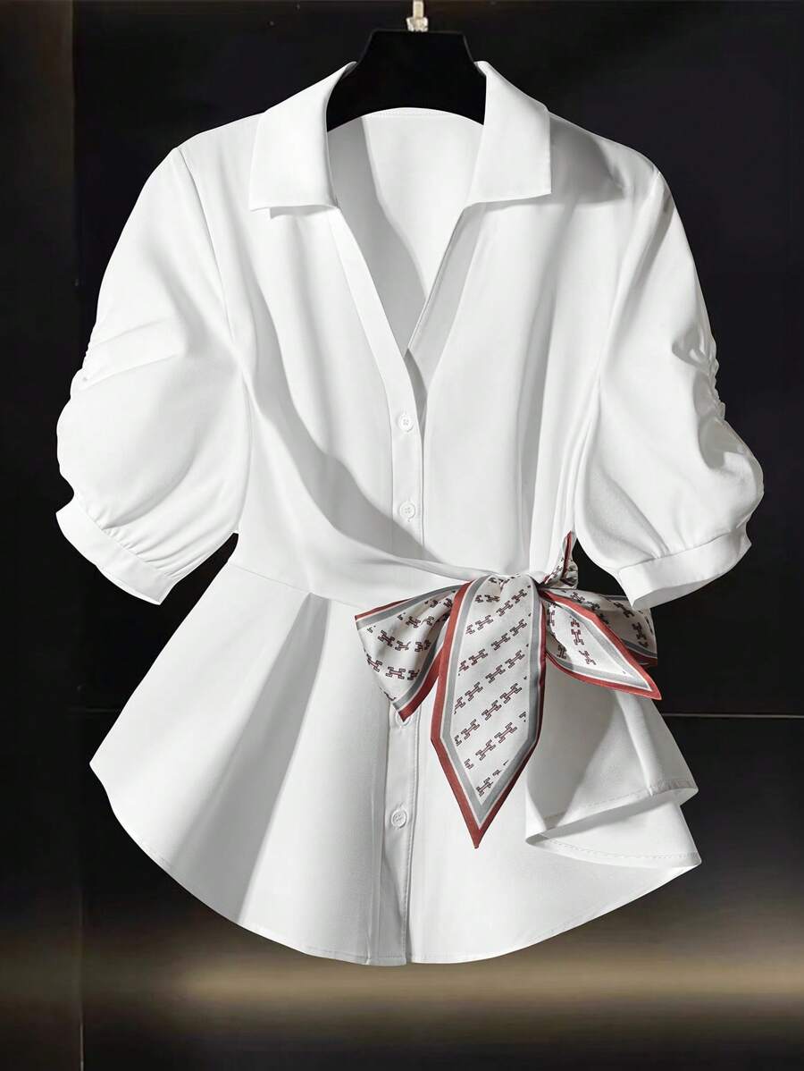 Women's Solid Color Pleated Polo Collar Short Sleeve Cinched Waist Chiffon Versatile White Blouse For Summer