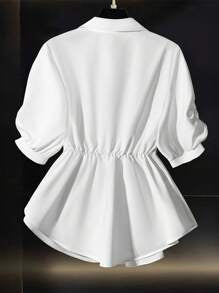 Women's Solid Color Pleated Polo Collar Short Sleeve Cinched Waist Chiffon Versatile White Blouse For Summer