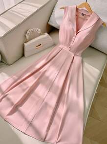 Plus Size Women Pink Collar Pleated Button Front Sleeveless Dress