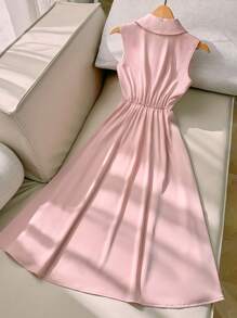 Plus Size Women Pink Collar Pleated Button Front Sleeveless Dress
