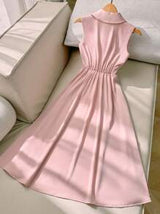 Plus Size Women Pink Collar Pleated Button Front Sleeveless Dress