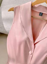 Plus Size Women Pink Collar Pleated Button Front Sleeveless Dress