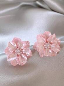 1 Pair Fashionable Elegant Flower & Pearl White Earrings, Suitable For Daily Wear, Travel And Vacation