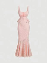 Women's Pink Tank Top & Lace Long Mermaid Skirt Set