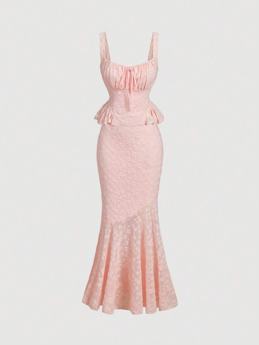 Women's Pink Tank Top & Lace Long Mermaid Skirt Set