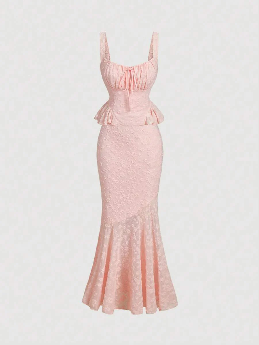 Women's Pink Tank Top & Lace Long Mermaid Skirt Set