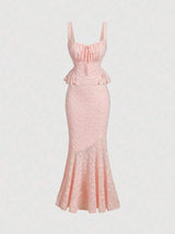 Women's Pink Tank Top & Lace Long Mermaid Skirt Set