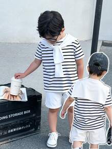 2 Pieces Set Young Boys Boy Casual Sports College Literary Retro Black And White Striped Round Neck T-Shirt And White Shorts Suit With Shawl Decoration Suitable For Young Boy Clothing Young Boy Clothes Back To School Boy Suit Suitable For Birthday P