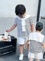 2 Pieces Set Young Boys Boy Casual Sports College Literary Retro Black And White Striped Round Neck T-Shirt And White Shorts Suit With Shawl Decoration Suitable For Young Boy Clothing Young Boy Clothes Back To School Boy Suit Suitable For Birthday P
