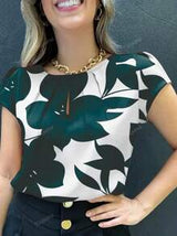 Women Printed Short Sleeve Casual Round Neck Loose Fit Polyester Top, Suitable For All Seasons