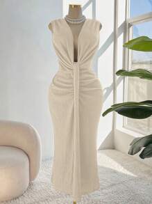 Plus Size Women Elegant Solid Color Sleeveless Split Pleated Dress