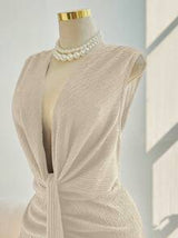Plus Size Women Elegant Solid Color Sleeveless Split Pleated Dress
