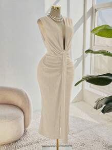Plus Size Women Elegant Solid Color Sleeveless Split Pleated Dress