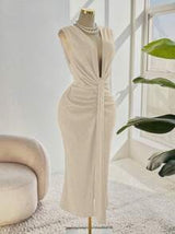 Plus Size Women Elegant Solid Color Sleeveless Split Pleated Dress