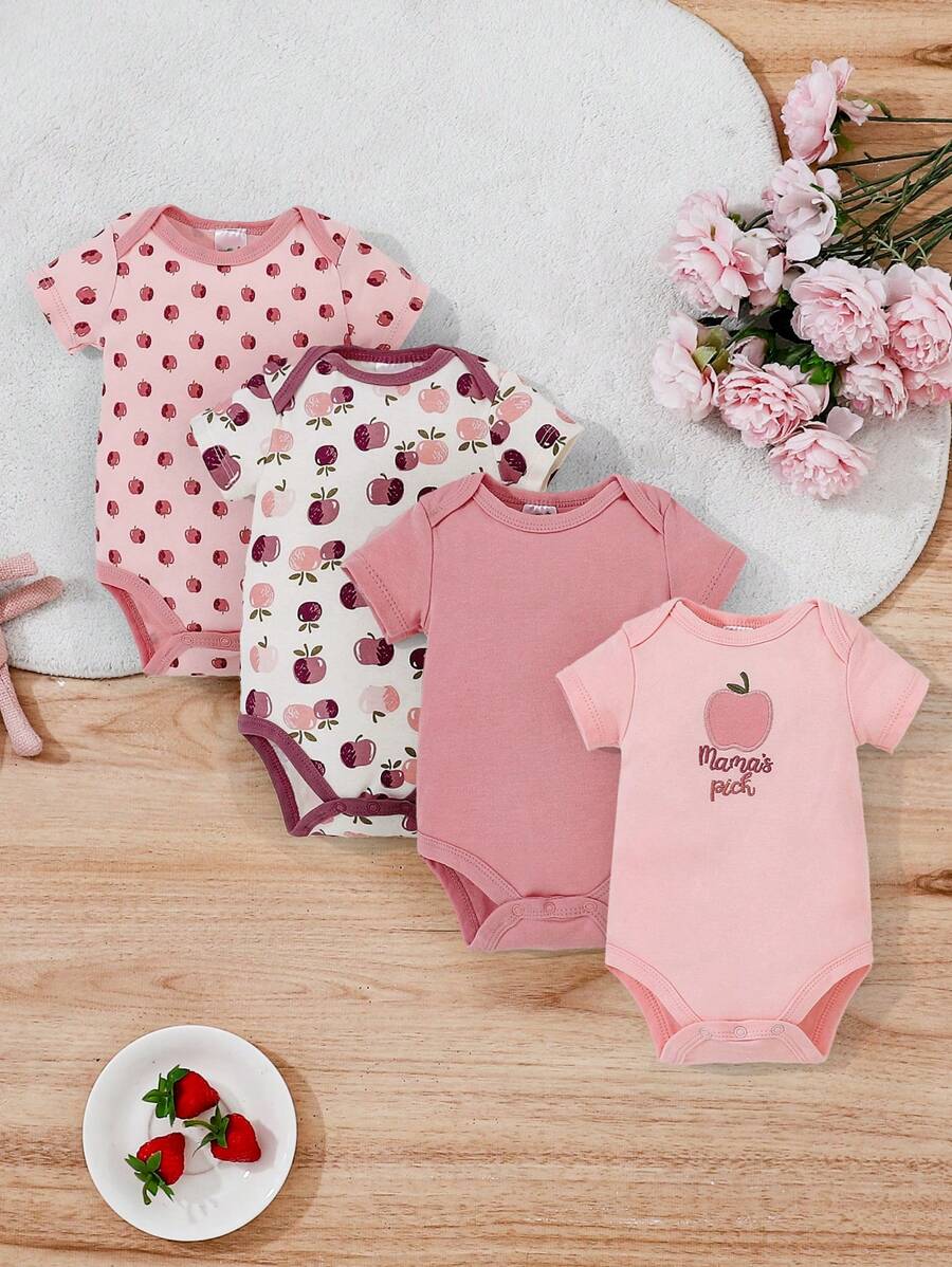 4pcs/Set Infant Short Sleeve Bodysuit 0-1 Year Old Baby Girl Cute  Set