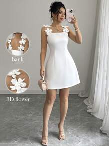 Elenzga Women's Spring And Summer Elegant 3D Floral Strap Design Waist Fitted Minimalist Casual Short Dress